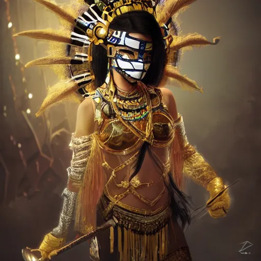 Prompt: the portrait, beautiful aztec masked female violinist, exotic costumes, gold jewelry, black hair ， illustration by wenjun lin, irakli nadar, bright colors, octopath traveler, wenjun lin, unreal engine 5 highly rendered, global illumination, radiant light, detailed and intricate environment