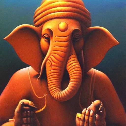 Prompt: indian god ganesha, painting in the style of beksinski, inspired by moebius, highly detailed, moody lighting