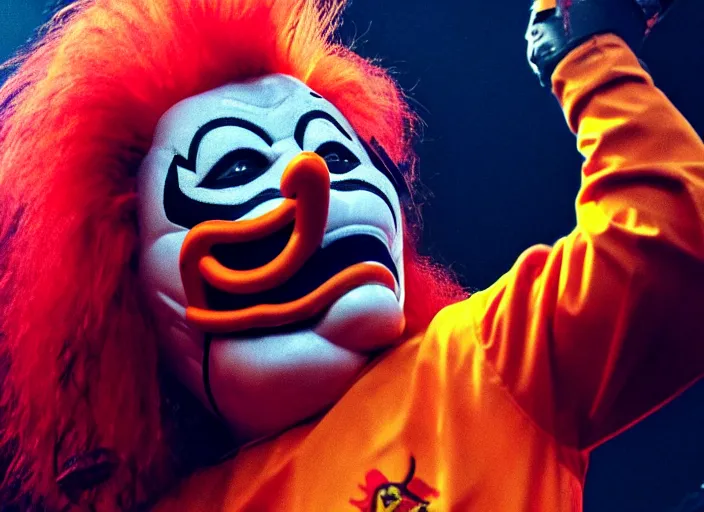 Image similar to publicity photo still of ronald mcdonald wearing a slipknot mask touring with slipknot live on stage, 8 k, live concert lighting, mid shot