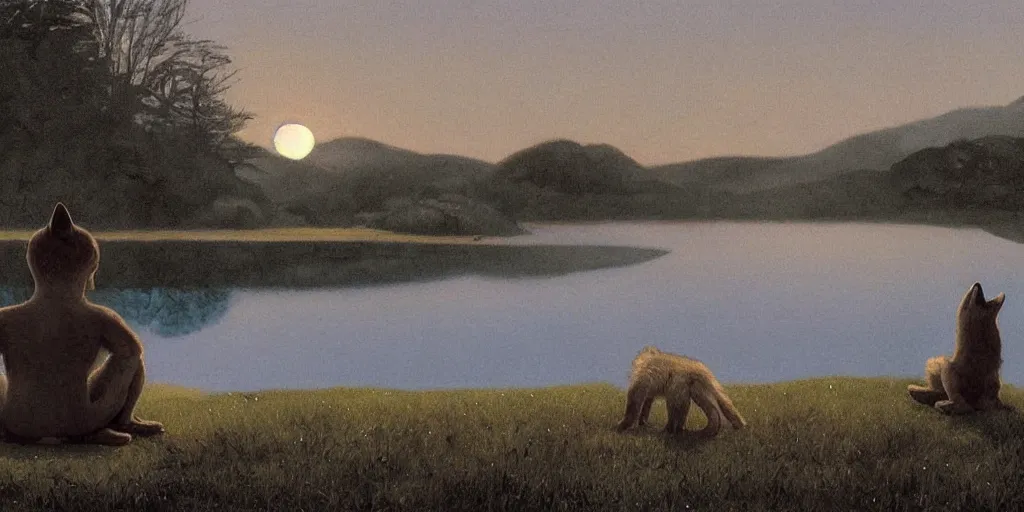 Prompt: detailed ultra - realistic graphic novel illustration of a baby wolf from viewed from behind, sitting on the shore of a pond looking out at a sunset by edward hopper and gregory crewdson, cinematic, muted colors, cinematic fog, full shot, george adult, carel willink, ian miller, wayne barlowe, greg rutkowski, norman rockwell