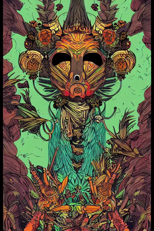 Image similar to animal mask totem roots flower tribal feather gemstone plant wood rock shaman vodoo video game vector cutout illustration vivid multicolor borderlands comics by josan gonzales and dan mumford radiating a glowing aura