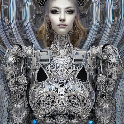 Image similar to the portrait of an absurdly graceful, sophisticated, fashionable ottomanpunk robotess idol, an ultrafine hyperdetailed illustration by kim jisu, intricate linework, neon wiring, porcelain skin, unreal engine 5 highly rendered, global illumination, radiant light, detailed and intricate environment, by wlop, artgerm