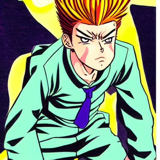 Image similar to young boy angry, kuwabara hairstyle, art by hirohiko araki, jotaro kujo, kakyoin, manga page, action pose, manga cover