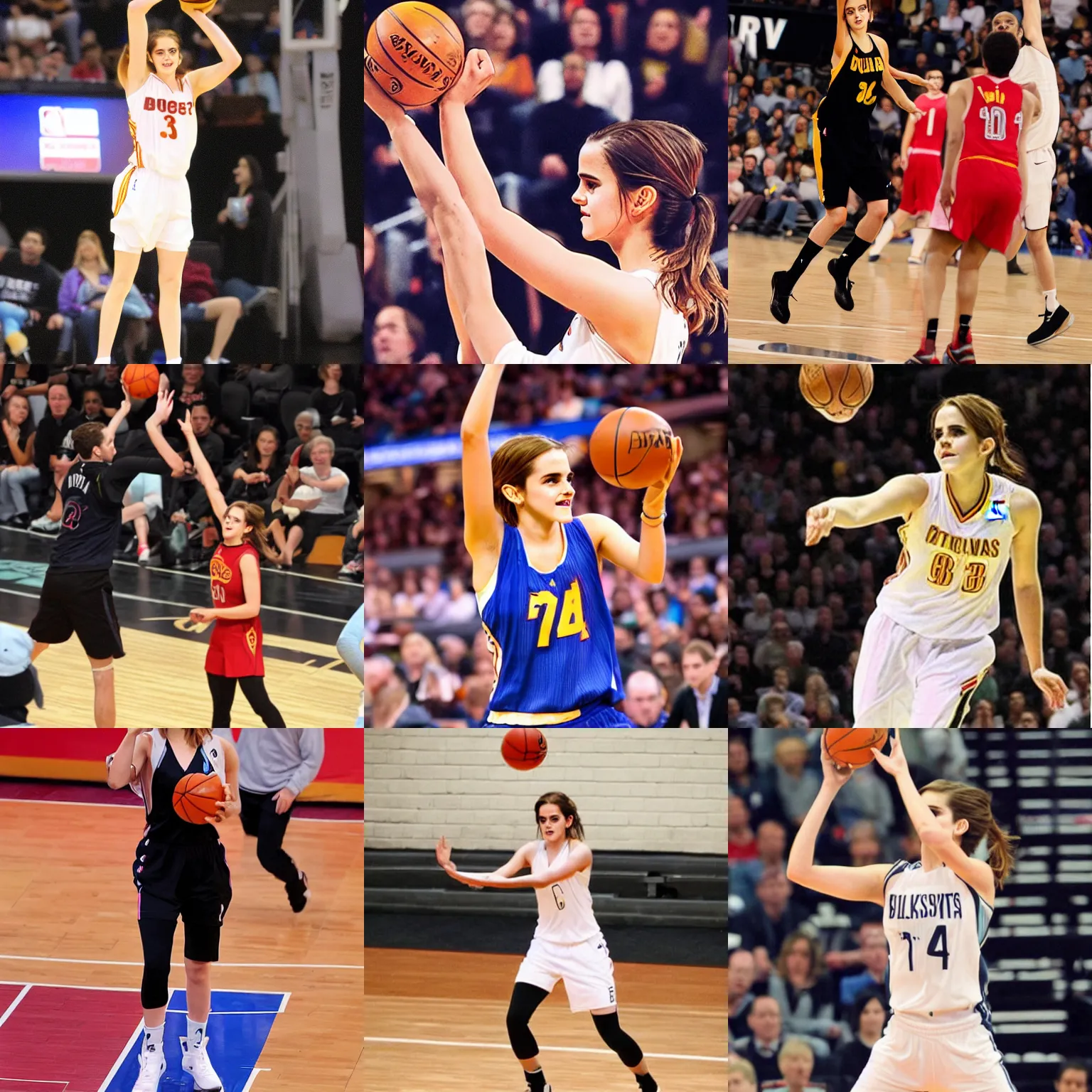 Prompt: Emma Watson as a tall NBA player, throwing a ball