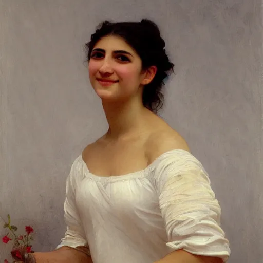 Prompt: painting of claudia vega from eva 2 0 1 1. smiling. happy. cheerful. art by william adolphe bouguereau. extremely detailed. beautiful. 8 k. award winning.
