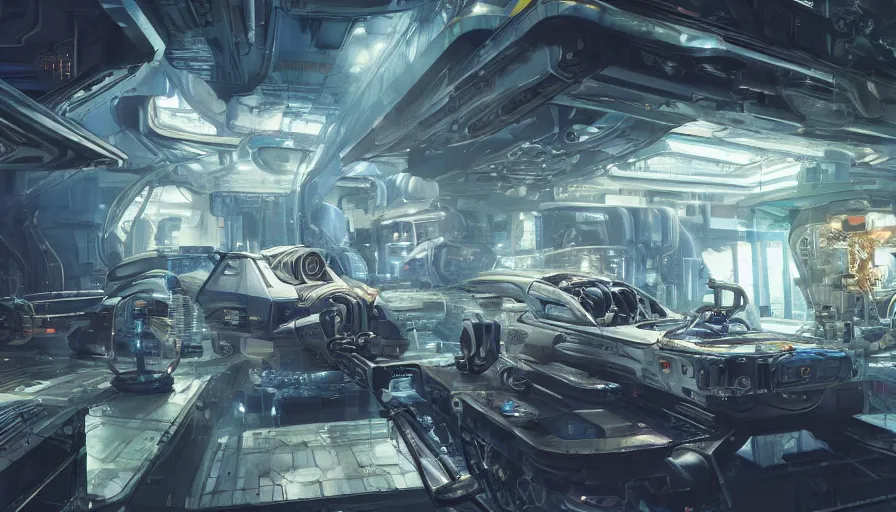 Image similar to the inside of a futuristic mechanic spaceshop coc, highly detailed interior, half - finished robot, holographic screen in center frame by peter mohrbacher, cyberpunk, cryengine render, hyper realism, realistic shading, cinematic composition, realistic render, octane render, detailed textures, photorealistic, wide shot, fanciful, colorful