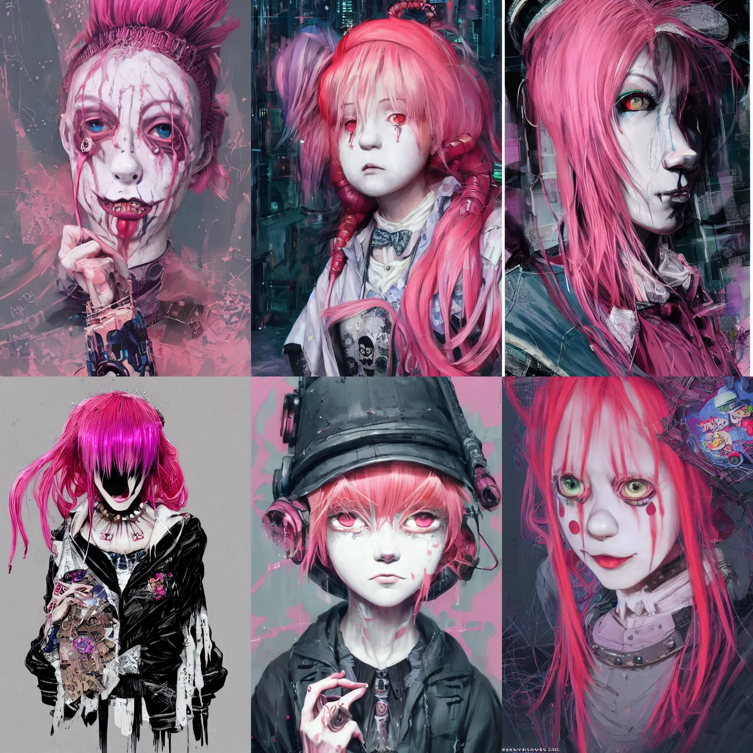 Image similar to by kyoto animation, very creepy clown girl pink hair, wearing cyberpunk intricate streetwear, beautiful, detailed portrait, intricate complexity, ilya kuvshinov, cell shaded, 4 k, concept art, by wlop, ilya kuvshinov, artgerm, krenz cushart, greg rutkowski, sharp focus, volumetric lighting, cinematic lighting, studio quality