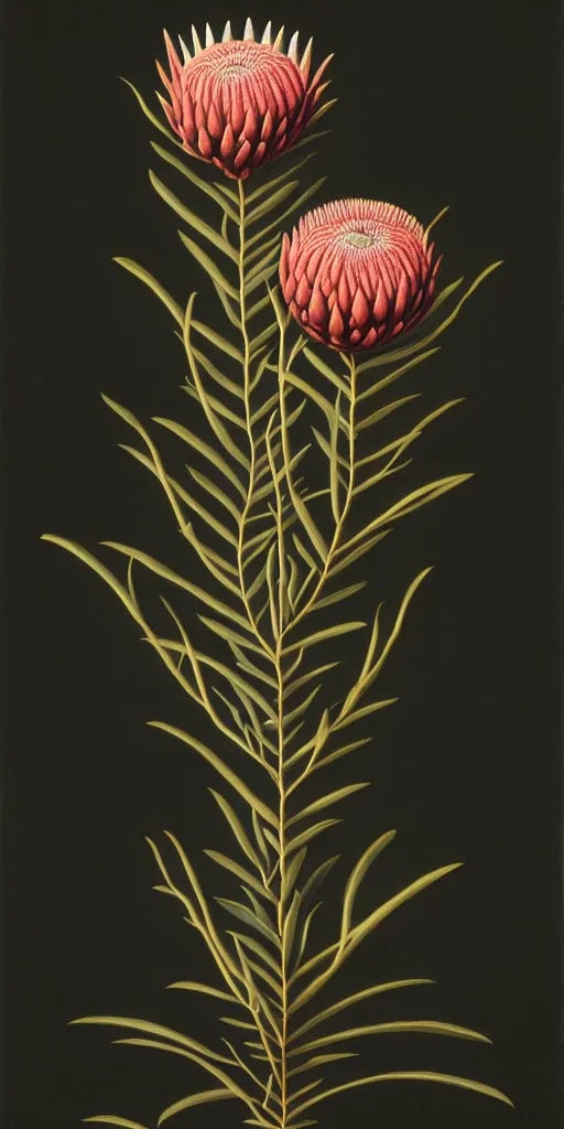 Prompt: tall king proteas against a black backdrop by martin johnson heade, artstation