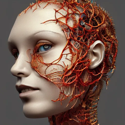 Image similar to complex 3d render ultra detailed of a beautiful porcelain profile woman face, red hazel eyes, vegetal dragon cyborg, 150 mm, beautiful natural soft light, rim light, golden niobium details, pione big leaves and stems, roots, fine lace, maze like, mandelbot fractal, anatomical, facial muscles, cable wires on body, microchip, elegant, white metallic armor, octane render, black and white, H.R. Giger style