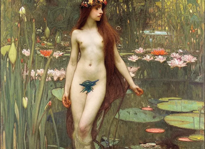 Image similar to a masterpiece painting of a beautiful faerie queen in a waterlily pond by john william waterhouse and alphonse mucha, wide angle, in frame, symmetrical, muted colors