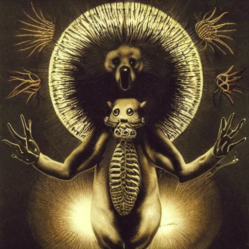 Image similar to furry freaky creature sings a unique canto about'as above so below'being ignited by the spirit of haeckel and robert fludd, breakthrough is iminent, glory be to the magic within