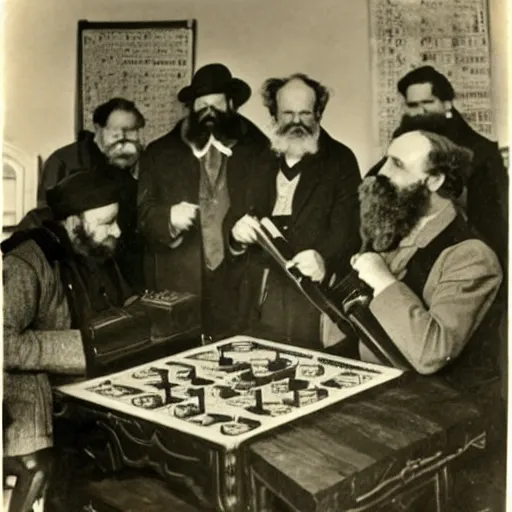 Image similar to Karl Marx playing heroquest, photograph, 1920