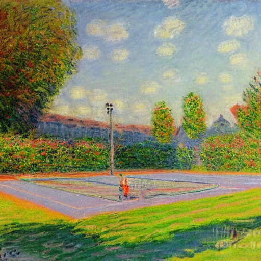 Image similar to tennis court, art by claude monet, impressionism, oil painting, bright colors, advertising painting