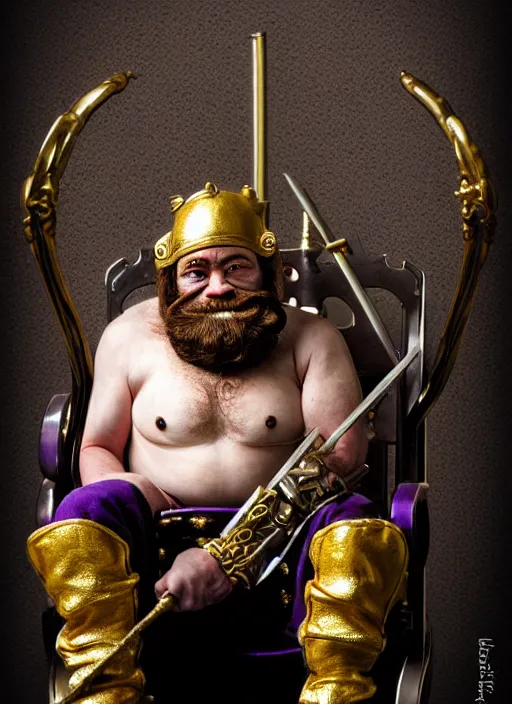 Image similar to dwarf fighter sitting in mechanical chair that has spider legs, gold and purple, exquisite details, black beard, white background, by studio muti