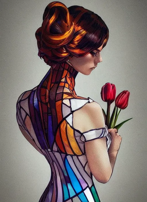 Prompt: beautiful woman wearing a dress made from stained glass in the design of a tulip. painting by artgerm and greg rutkowski and ilya kuvshinov
