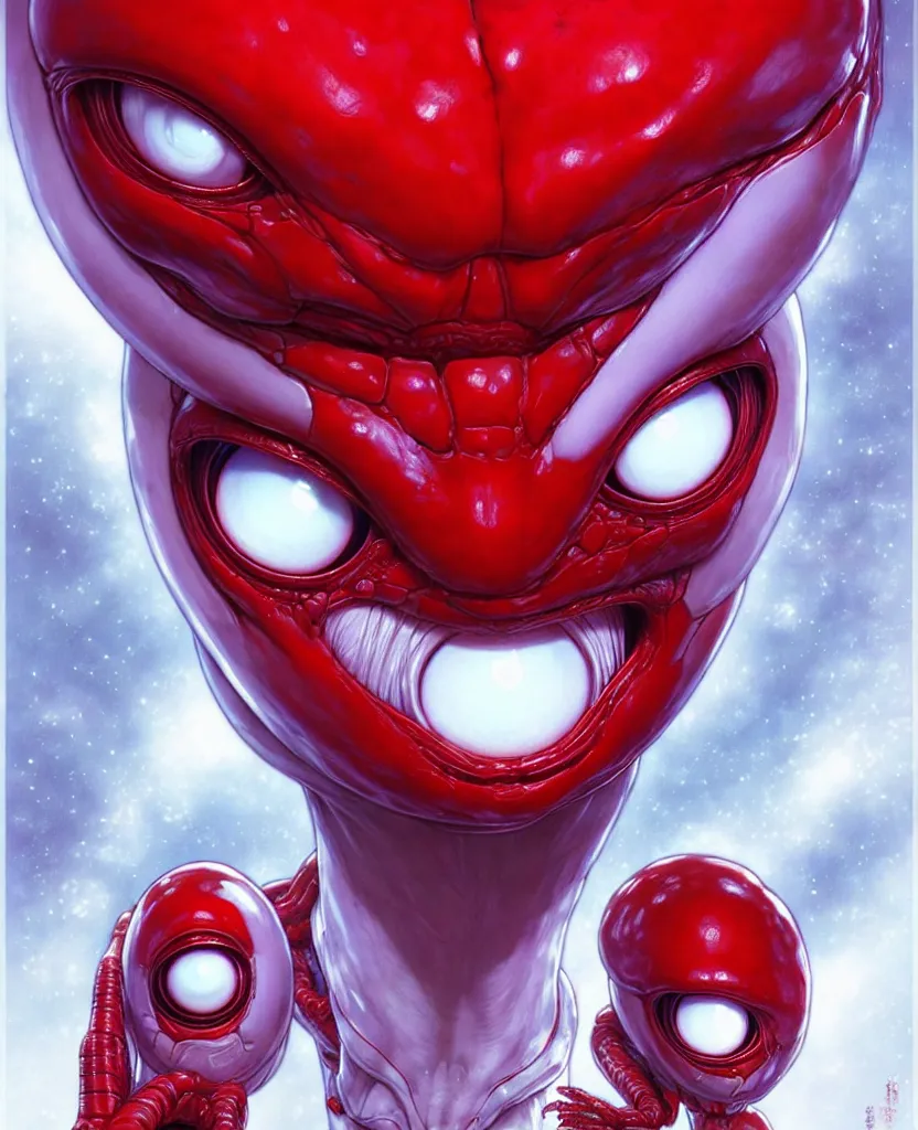 Image similar to an alien with 4 eyes and a white and red body, digital art, trending on artstation, symmetric, hyperrealistic, by yoshitaka amano, by yukito kishiro, by yoshiyuki sadamoto