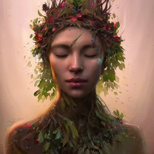 Image similar to a beautiful portrait of a plant goddess with closed eyes by Greg Rutkowski and Raymond Swanland, wet leaves, Trending on Artstation, ultra realistic digital art