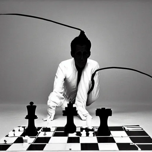 Image similar to a minimalist portrait of Marcel Duchamp holding computer cables and chess piece in the style of Alfredo Jaar, Richard Avedon, Irving Penn, Hito Steyerl, Akira Kurosawa, Shinya Tsukamoto, wide angle, monochrome, futuristic tetsuo