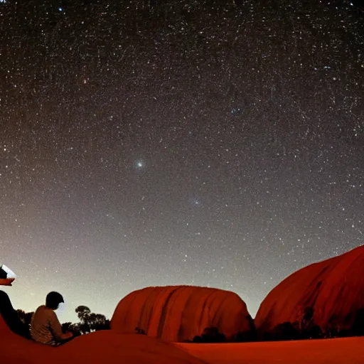 Image similar to terence mckenna, up close at uluru, smoking a cigar, stars, 4 k