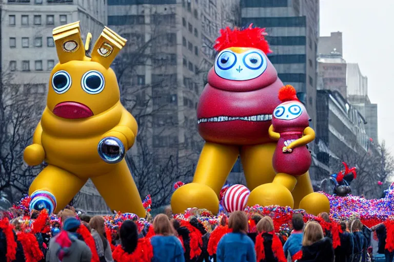 Image similar to photo of giant cute elaborate parade float character designed by ( ( ( ( ( ( ( ( giger ) ) ) ) ) ) ) ) and wes anderson!!!!!!!!!!!!!!, in the macys parade, detailed 4 k photo,