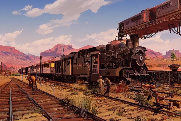 Image similar to idyllic old western train station illustration by syd mead artstation 4 k graphic novel concept art matte painting