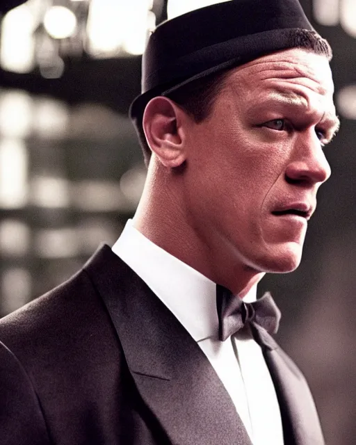 Image similar to film still close up shot of john cena as vito corleone from the movie the godfather. photographic, photography