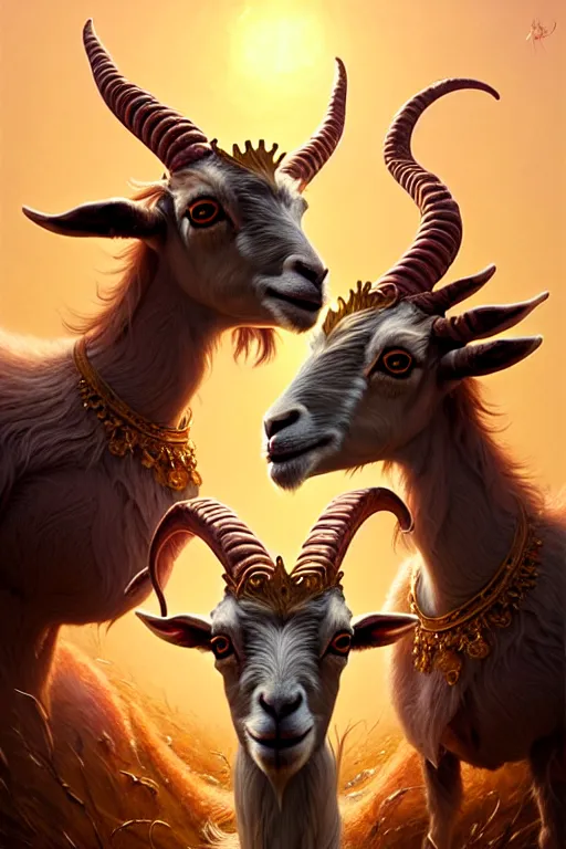 Image similar to highly detailed portrait of a three - headed goat wearing golden crown and pink tutu, stephen bliss, unreal engine, fantasy art by greg rutkowski, rhads, ferdinand knab, makoto shinkai and lois van baarle, ilya kuvshinov, rossdraws, tom bagshaw, global illumination, radiant light, red blue theme, meadow