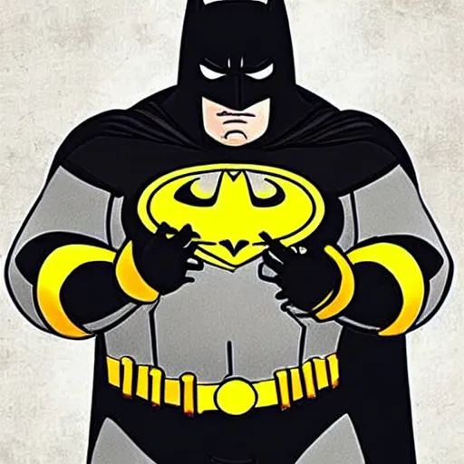 Prompt: fat batman, can't fit in batsuit