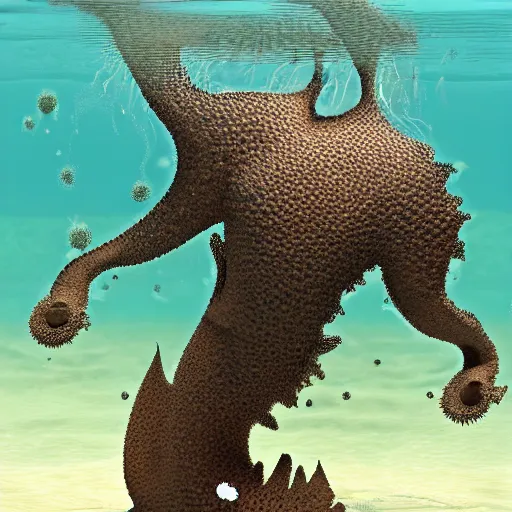 Image similar to dendritic hyperdimensional monster emerging from sea surface, but monster is dendritic