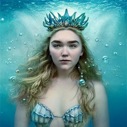 Image similar to “ florence pugh portrait, fantasy, mermaid, hyperrealistic, game character, underwater,, highly detailed, cinematic lighting, pearls, glowing hair, shells, gills, crown, water, highlights, starfish, goddess, jewelry, realistic, digital art, pastel, magic, fiction, ocean, queen, colorful hair, sparkly eyes, fish, heroic, waves, bubbles ”