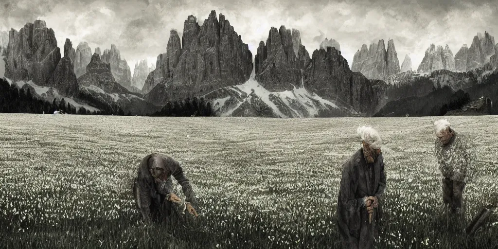 Prompt: old farmers turning into edelweiss ,roots and hay coat, dolomites in background, dark, eerie, despair, portrait photography, artstation, digital art, adward winning, concept art, artstation, highly detailed, sharp focus, by caravaggio
