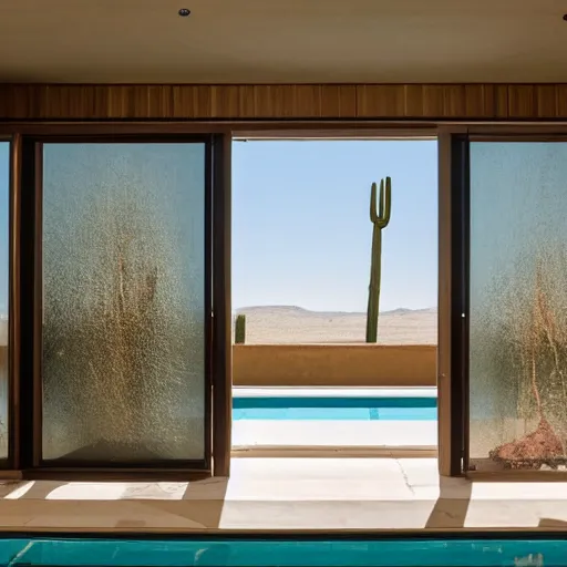 Image similar to modern desert pavilion interior looking out of large pivoting doors into expansive pool and vista with cacti