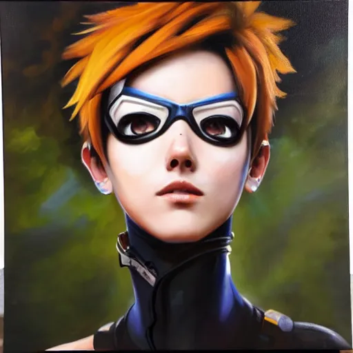 Prompt: oil painting of tracer overwatch in a field, in style of mark arian, expressive face, very detailed face, wearing detailed black collar choker, very detailed eyes, full body, feminine face, detailed makeup on eyes,