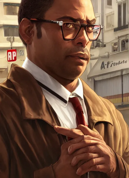 Prompt: portrait of Lester from GTA V as a stree photographer, full length shot, shining, 8k highly detailed, sharp focus, illustration, art by artgerm, mucha, bouguereau