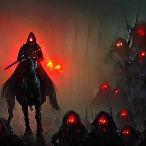 Image similar to a dark hooded general with glowing red eyes rides his horse above an army of zombies and ghouls, dark, D&D, Fantasy, MTG, heroic, Artstation, silhouette