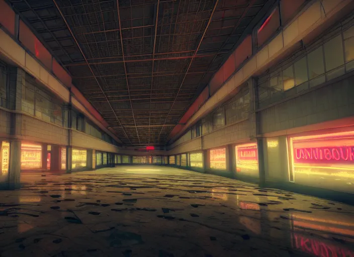 Image similar to inside a huge abandoned mall with high contrast neon lights, highly detailed, 8 k, hdr, award - winning, octane render, trending on artstation, volumetric lighting