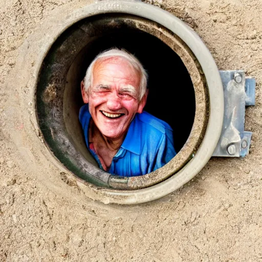 Image similar to a smiling old man in a sewage pipe
