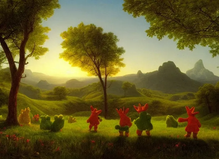 Image similar to american realist romanticism landscape painting of teletubbies in the style of hudson river school and thomas cole and albert bierstadt and robert duncanson