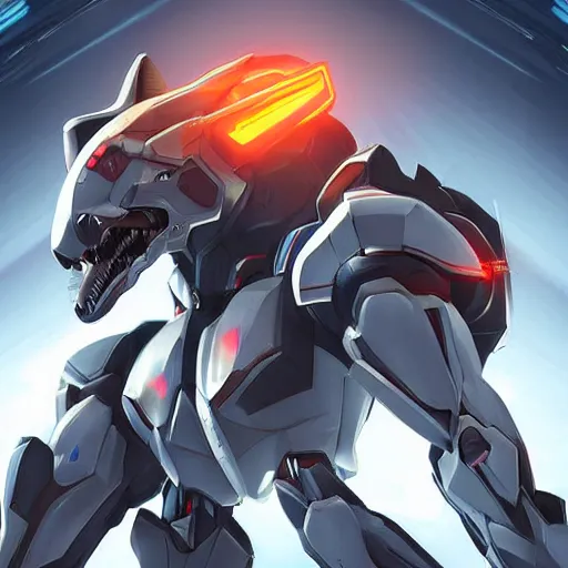 Prompt: highly detailed cinematic full body shot of a mecha canine, sharp claws, detailed maw, sleek armor, glowing visor, charging through city, digital art, furry art, furaffinity, deviantart, dragon art