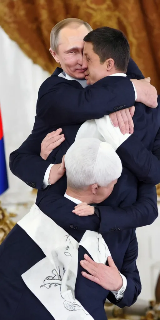 Image similar to Vladimir Putin gives Volodymyr Zelenskyy a warm and loving hug