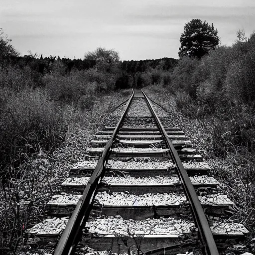 Prompt: fine art photography of a abandoned old train station in the middle of nowhere, overgrown, it train tracks curve up toward the sky, black and white photography 3 5 mm