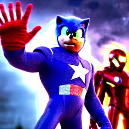 Image similar to The famous scene in the Avengers when Sonic the Hedgehog finally arrived to the fight and beat Thanos, movie sonic, extremely detailed with lots of background explosions and effects, grinning, wearing red gloves, 4k, 8k, HDR