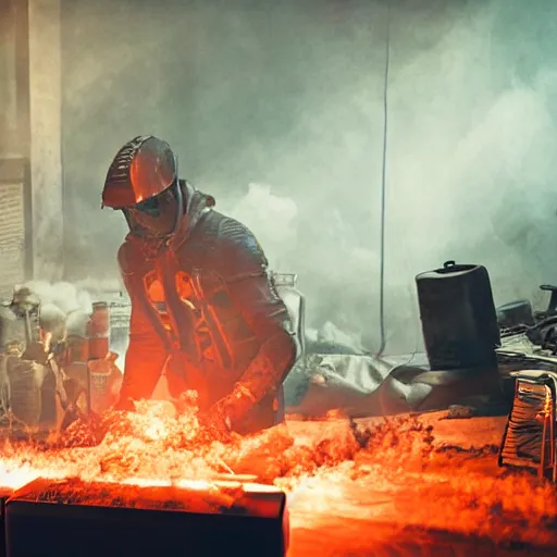 Image similar to cyborg with toaster oven chest, dark messy smoke - filled cluttered workshop, dark, dramatic lighting, orange tint, sparks, cinematic, highly detailed, sci - fi, futuristic, movie still