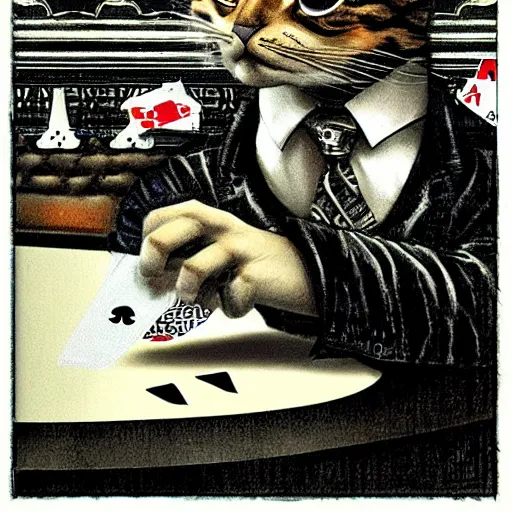 Prompt: feline humanoid plays poker, by tim bradstreet