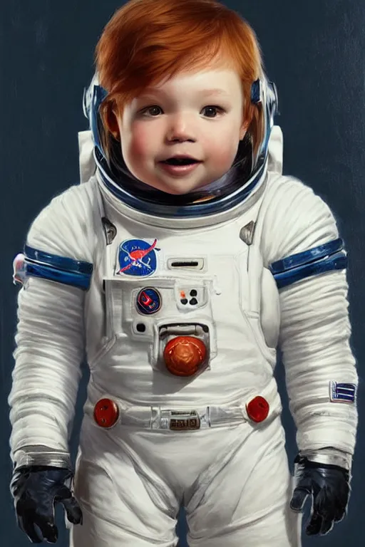 Image similar to a little boy with a cherubic michievous face and ginger hair. he is an astronaut, wearing a space suit. clean elegant painting, beautiful detailed face. by raymond swanland and artgerm and greg rutkowski