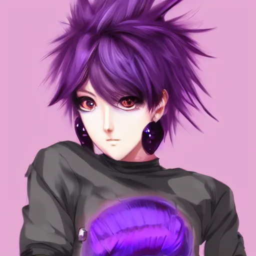 Image similar to full headshot portrait of anime woman with purple pixie cut mohawk punk, digital art, drawn by WLOP, by Avetetsuya Studios, anime manga panel, trending on artstation, wearing a plaid shirt