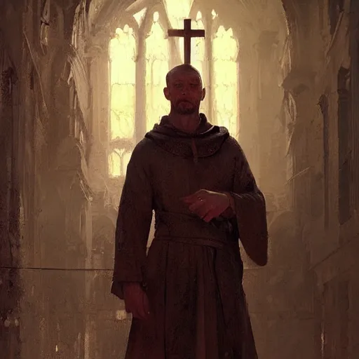 Image similar to Portrait painting of a medieval christian by his hands by greg rutkowski and Craig Mullins, Dark atmospheric and cinematic lighting