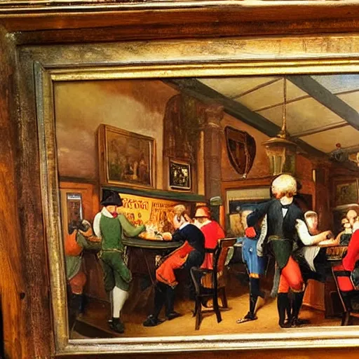 Prompt: English pub, inside, people drinking beer, 1800's, oil painting