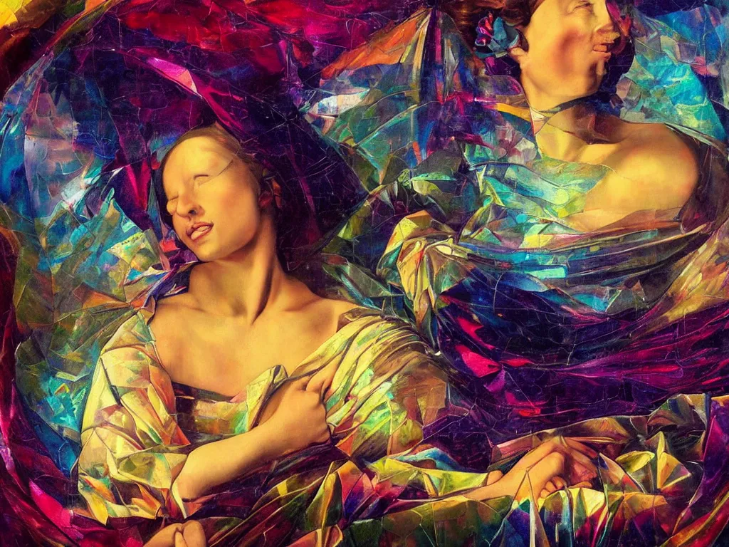 Image similar to hyperrealistic still life painting of a calm goddess, divine feminine, surrender, wrapped in fabric and gently smiling, surrounded by refracting reflecing rainbow prisms in a tesseract, botanical print, surrealism, vivid colors, serene, golden ratio, sacred geometry, abstract impasto brushtrokes, by Caravaggio, rule of thirds