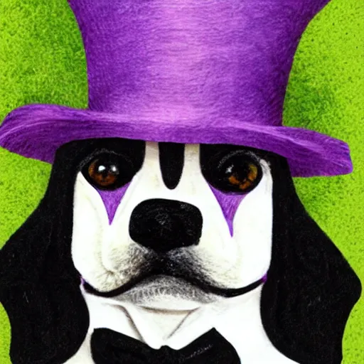 Prompt: a purple dog wearing a top hat